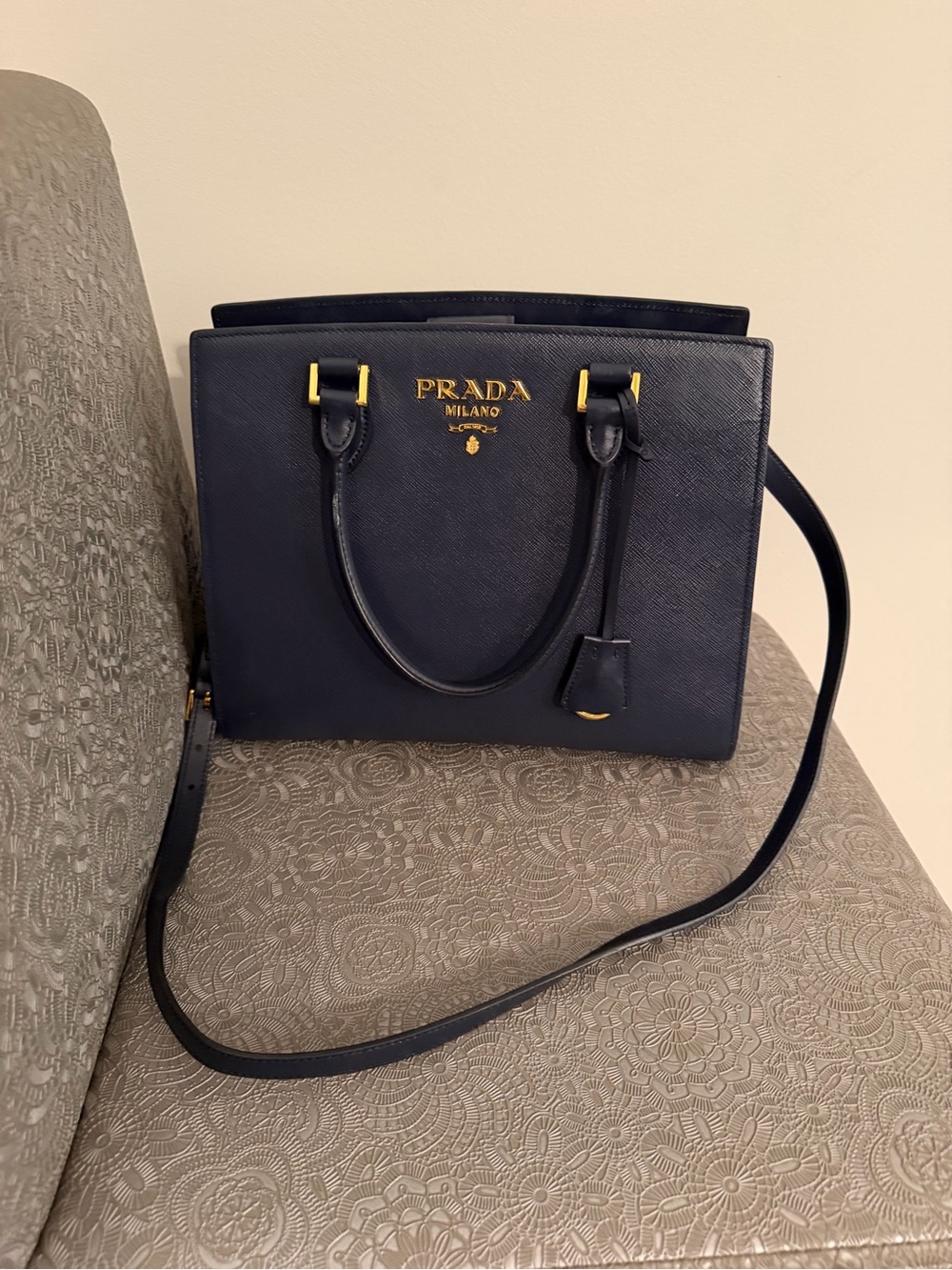 Prada Navy Saffiano Satchel with Gold Hardware - Picture 3 of 3